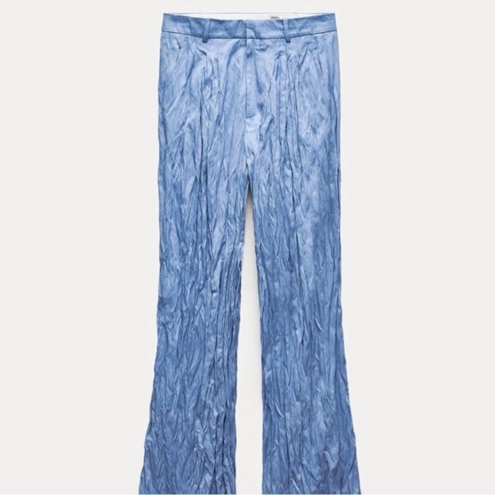Zara Crinkle Light Blue Wide Leg Pants